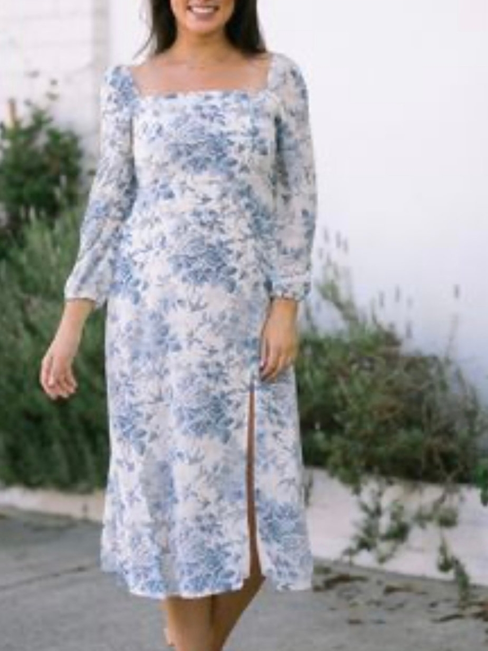 Sunday Up Blue and White Floral Square-Neck Midi Dress